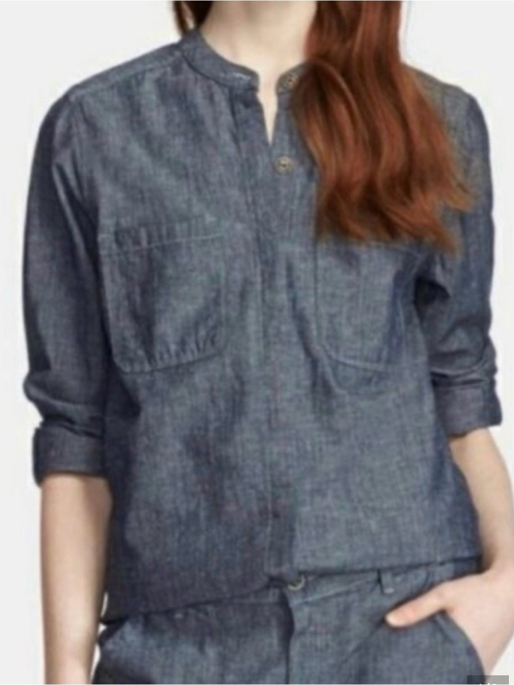 Vince Patch Pocket Shirt Blue Rinse Button down Chambray Mandarin Collar size M